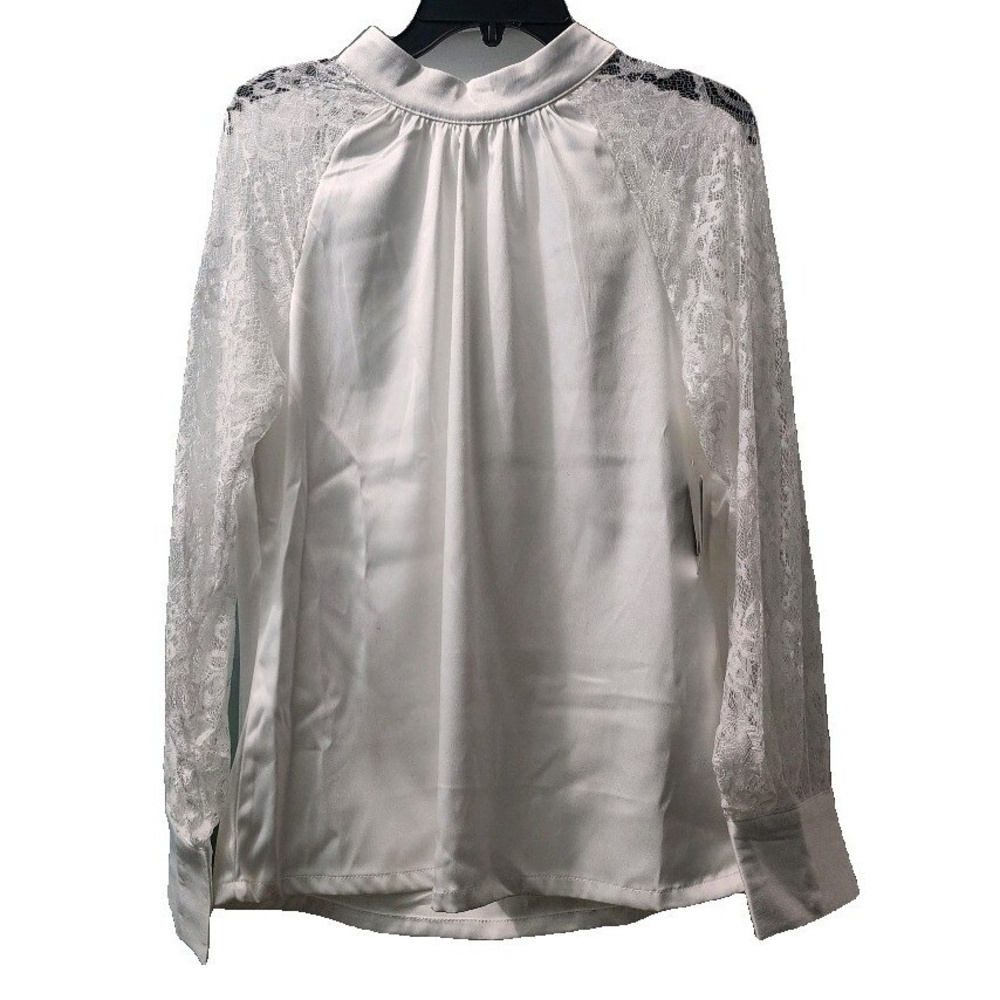 Saks Fifth Avenue Ivory Lace Sleeve Blouse Mock Neck Top Size L